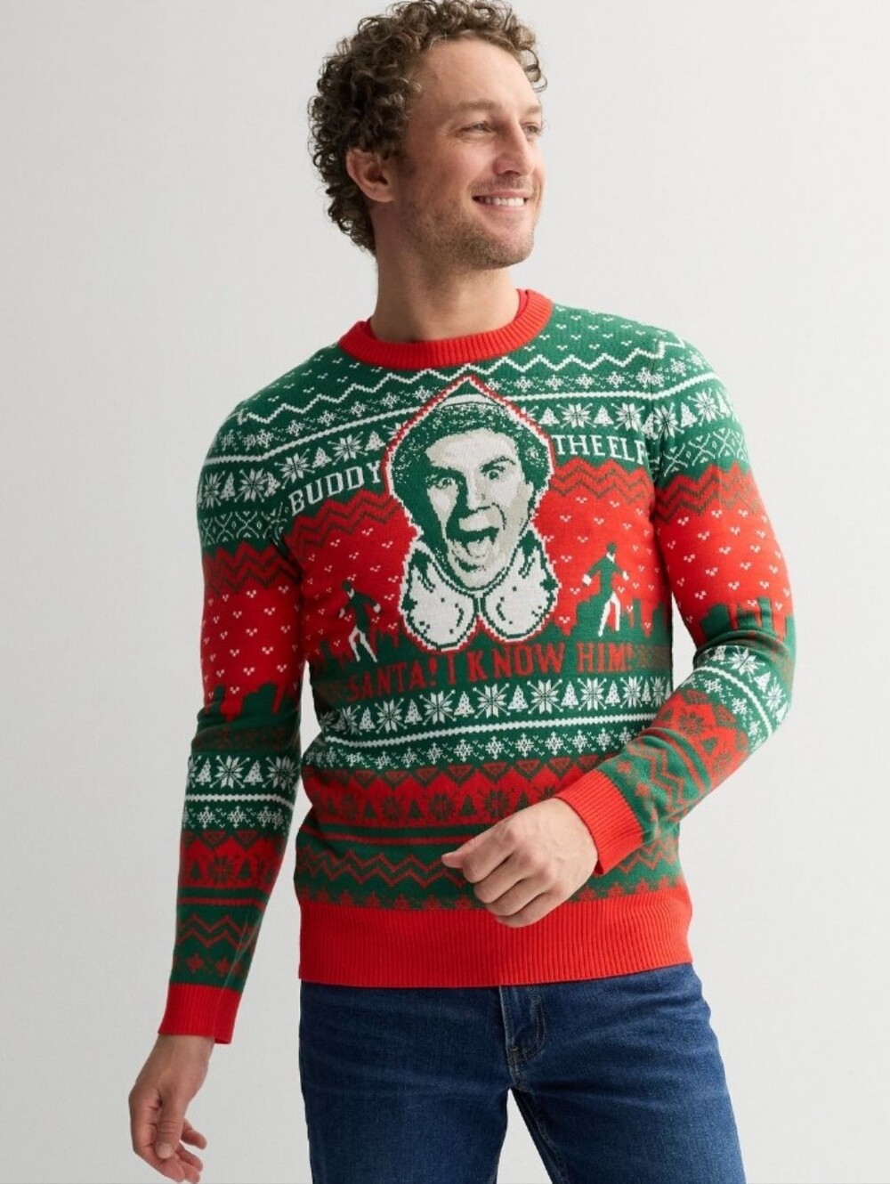🎄 Buddy The Elf Graphic Crewneck Intarsia Sweater "SANTA! I KNOW HIM!"